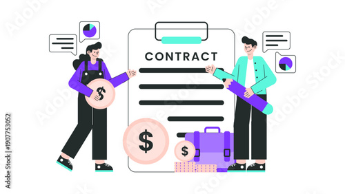 Team members finalizing a business contract with money and suitcase icons