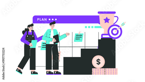 Professional team celebrating business achievement with a trophy and growing financial bar charts