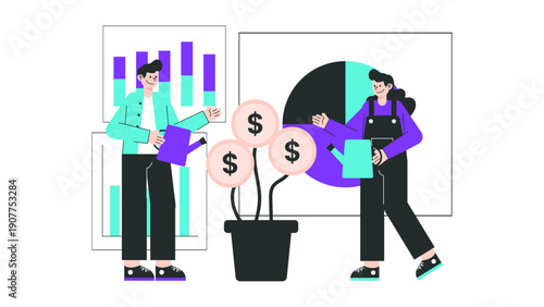 Entrepreneurs watering a money plant to represent steady business investment and financial growth