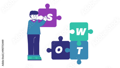 Man assembling puzzle pieces with SWOT letters representing strategic business planning