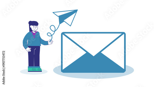 Professional woman sending a paper plane message next to a large envelope icon