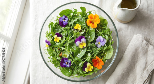Overhead view of fresh green salad with edible flowers and vinaigrette in pitcher. Healthy eating concept for menu