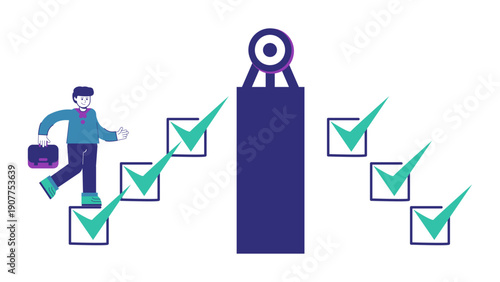 Man climbing stairs made of checklist boxes to reach a target symbol