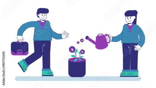 A woman watering a money plant while a man with a briefcase watches
