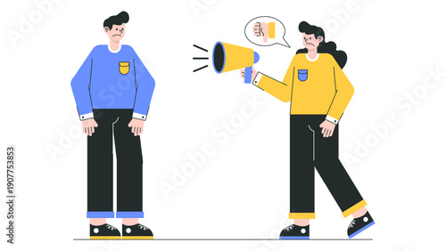 A businesswoman using a megaphone to shout at a disappointed male employee with a thumbs down icon