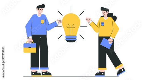 Two business professionals standing next to a large glowing lightbulb representing a new creative idea