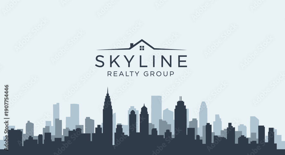 Obraz premium City Skyline Silhouette for Realty Group Concept with Mountains on Light Blue Background