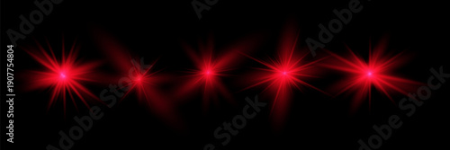 Red light effect reflections, neon illumination in red colors. Bright light lens. Police light effects, lines. Shiny stars, glowing sparks on a black background.