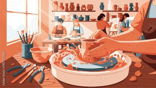 Potter shaping clay on spinning pottery wheel in creative studio