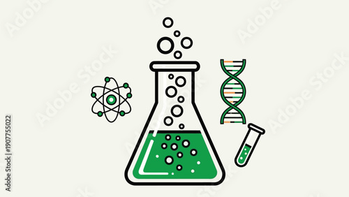 Vibrant green laboratory setup with beaker, test tube, and DNA double helix