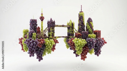 Grape Suspension Bridge City for Surreal Food Architecture Branding Concept 3D Illustration