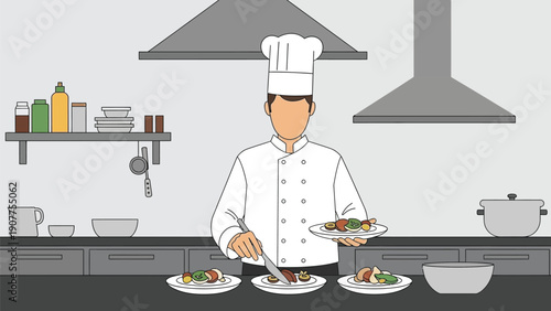 Professional chef preparing gourmet meals in modern kitchen