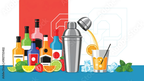 Vibrant cocktail mixology setup with shaker and ingredients