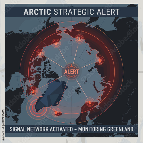 Arctic strategic alert map displaying Greenland being monitored by a signal network. Geopolitical monitoring for foreign policy and sovereignty.