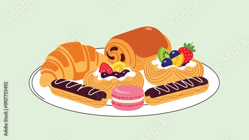 Delicious assorted pastries on a plate with fruits and chocolate