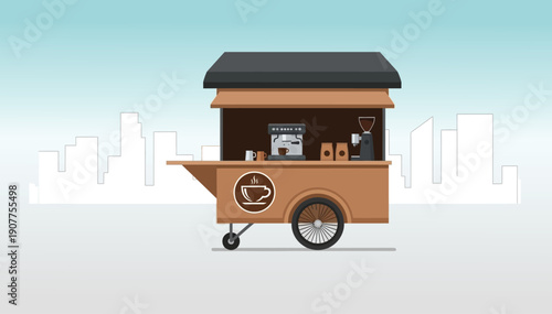 Modern coffee cart with espresso machine in urban setting