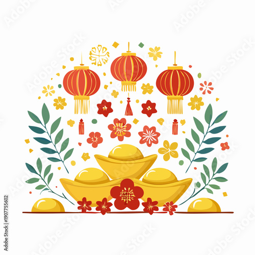Festive Chinese New Year Illustration with Traditional Red Lanterns, Golden Ingots, and Blooming Flowers for Auspicious Lunar Celebrations and Prosperity