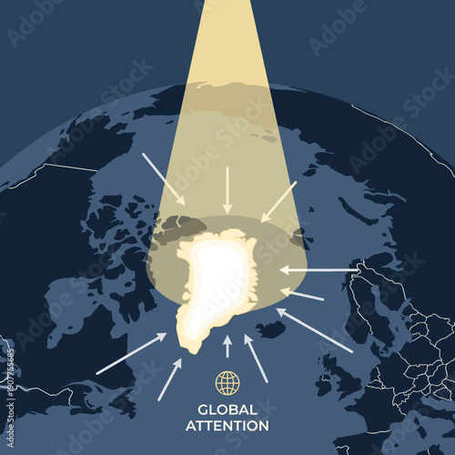 Greenland map highlighted with central spotlight effect and incoming arrows. Global attention concept for foreign policy graphic design.