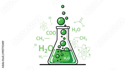 Green chemical reaction in beaker with molecular formulas