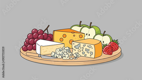 Delicious cheese platter with fresh fruit and grapes