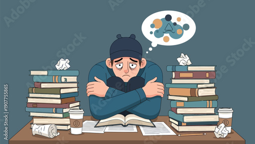 Overwhelmed student struggling with piles of books and papers