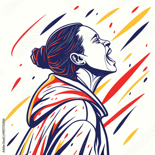 Abstract expressionist illustration with spontaneous, energetic brush marks conveying raw emotion and vibrant color in a dynamic composition.