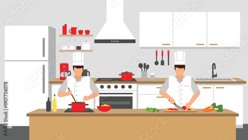 Two chefs cooking together in modern kitchen with fresh ingredients