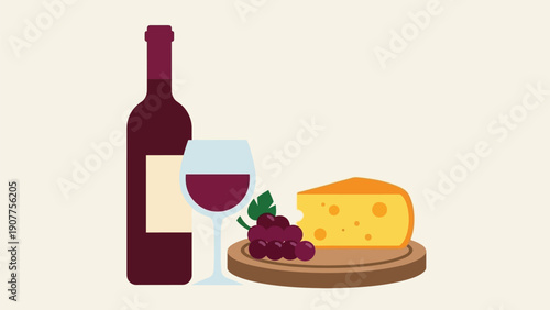 Wine bottle and glass with cheese and grapes on wooden board