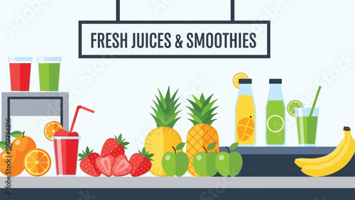 Fresh fruit juices and smoothies display with various fruits