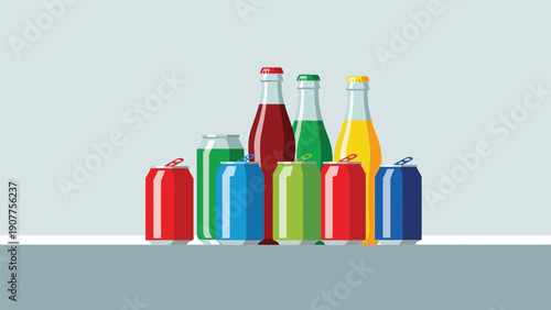 Assorted colorful soda bottles and cans on a table