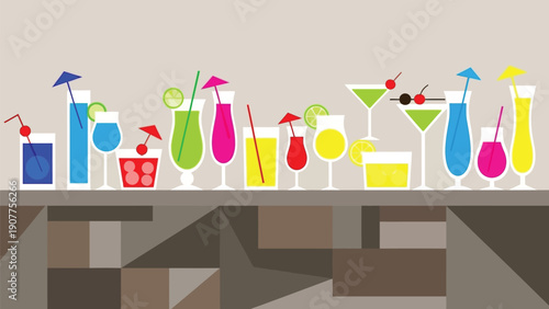 Vibrant colorful cocktails on modern bar counter