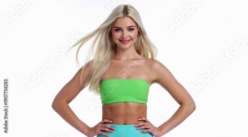 A young woman with long blonde hair wearing a green tube top and blue bottoms