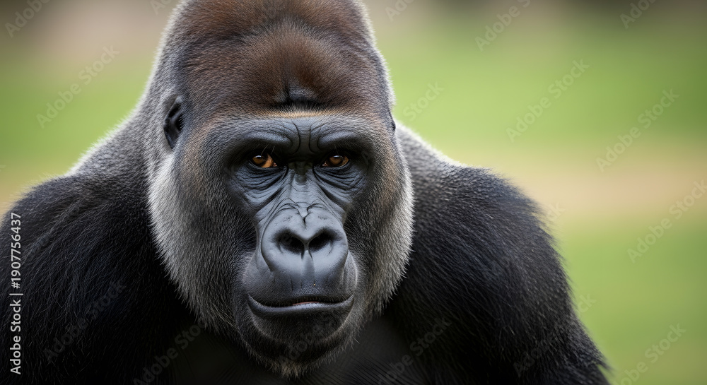 Fototapeta premium Intense close up portrait of a powerful silverback gorilla with a focused expression against a blurred green background