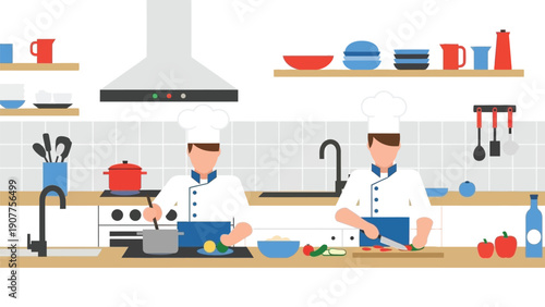 Two chefs preparing a meal in a modern kitchen