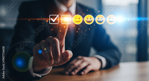 Customer satisfaction concept: Hand tapping a glowing happy face emoji on a digital interface to provide a five-star rating and positive feedback in a corporate survey or service evaluation.
