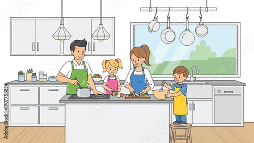 Happy family cooking together in modern kitchen with children