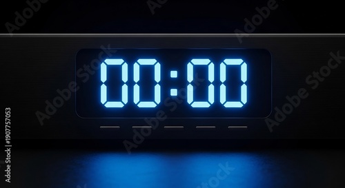 暗闇で鮮やかに青く光るデジタル00時00分 新しい始まりを告げる決定的な瞬間. AI Generated
