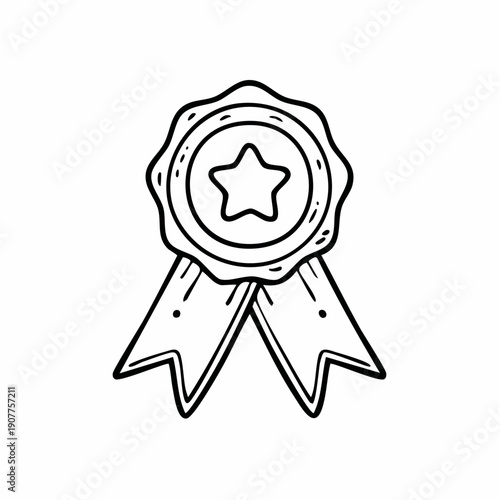 Stylized hand-drawn doodle vector illustration showcasing a prestigious award medal adorned with a star, representing exceptional achievement, quality, and recognition