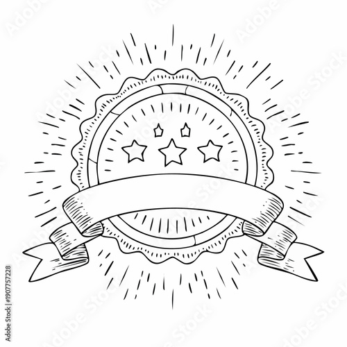 Hand-drawn vintage style quality award badge illustration featuring gleaming stars and elegant ribbon banner, perfect for certifications, achievement recognition, and premium product labeling