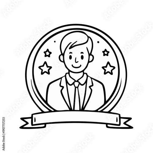 Professional achievement award badge with a man and a banner, recognizing success and excellence in business or career development