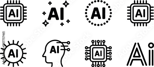 Set of black and white artificial intelligence icons featuring microchips neural networks and digital brain technology symbols.