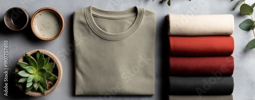 Vintage-inspired blank T-shirt promo setup with analog props, muted tones, grainy ambience, artistic composition, nostalgic niche appeal for retro-oriented apparel creators