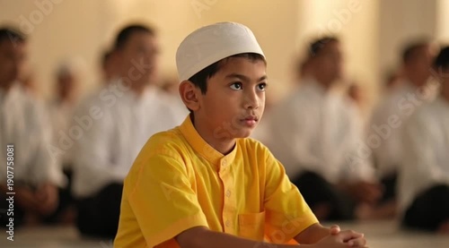 Young boy in yellow shirt and white cap sitting in prayer