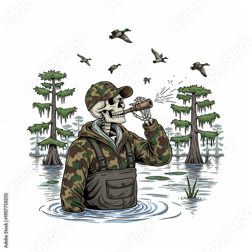 Skeleton hunter wearing camouflage waders blowing duck call in swamp with flying mallards
