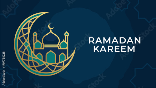 Ramadan Kareem Greeting Card Design, Islamic Crescent Moon Mosque Illustration
