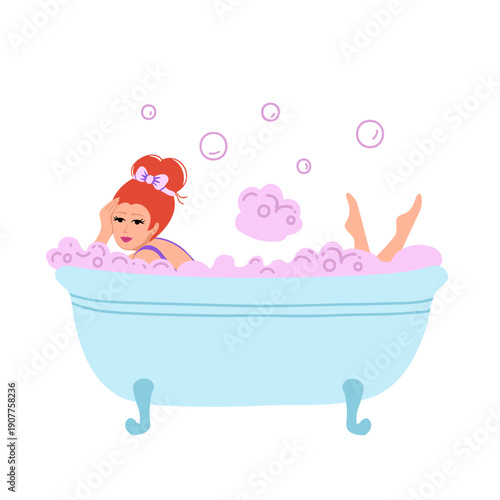 Woman taking a bubble bath. Vector Illustration for printing, backgrounds, covers and packaging. Image can be used for greeting cards, posters, stickers and textile. Isolated on white background.