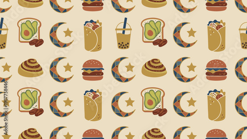 Ramadan Food Pattern - Halal Meals, Eid Celebration Graphics, Islamic Cuisine Design