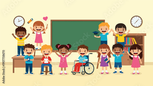 Diverse group of happy children in a classroom setting with a chalkboard, bookshelf, and a student in a wheelchair for inclusivity.