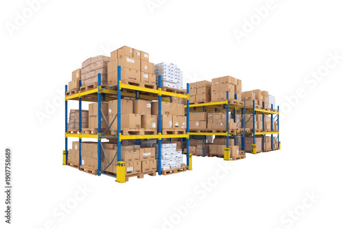 Warehouse racking system filled with cardboard boxes and pallets, logistics and storage solution