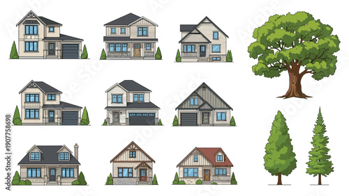 Various suburban house designs and tree types collection showing different architectural styles for residential neighborhood planning.